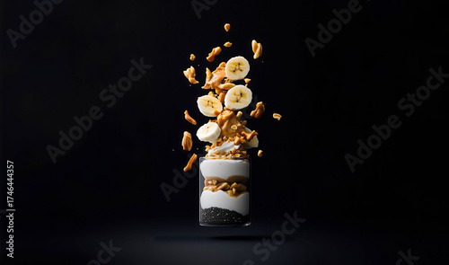 Dynamic food levitation of a healthy protein dessert with peanut butter and banana