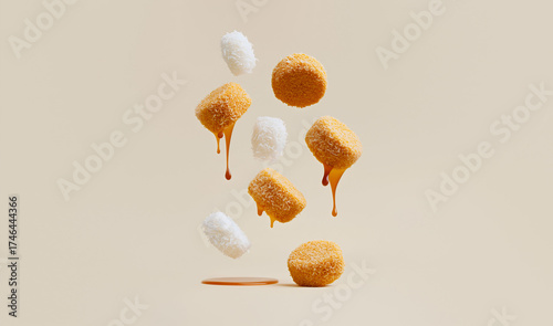 Dynamic levitation of coconut cookies with dripping caramel sauce, an abstract food concept on a minimalist beige background