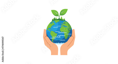 Hands holding a planet earth with green leaves growing on it symbol of environmental care.