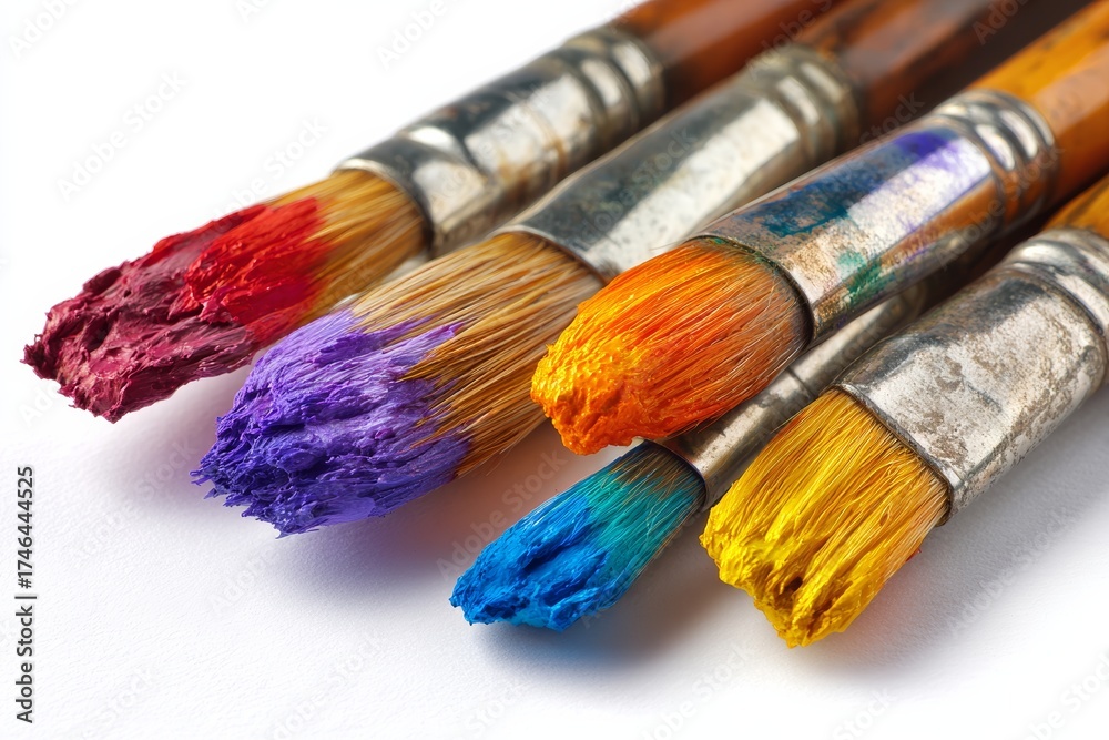 Fototapeta premium Colorful used paintbrushes with vibrant paint close-up 