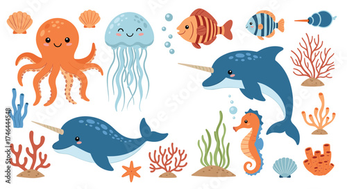 Cute cartoon underwater creatures and marine life.