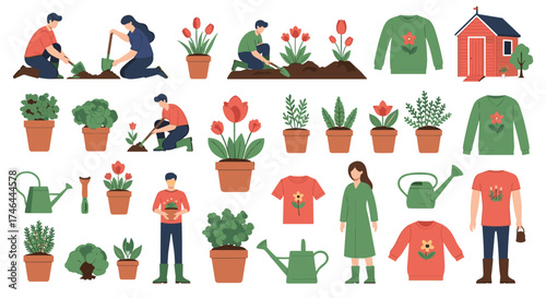 Set of people gardening planting flowers and caring for houseplants.