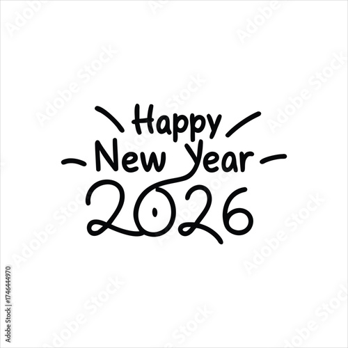 "Happy New Year 2026" text and numerals with flourishes celebrating the upcoming celebration and festive occasion in a stylish script design.  Perfect for greeting cards, social media posts