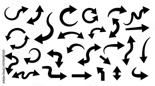 A collection of various black arrow silhouettes vector.