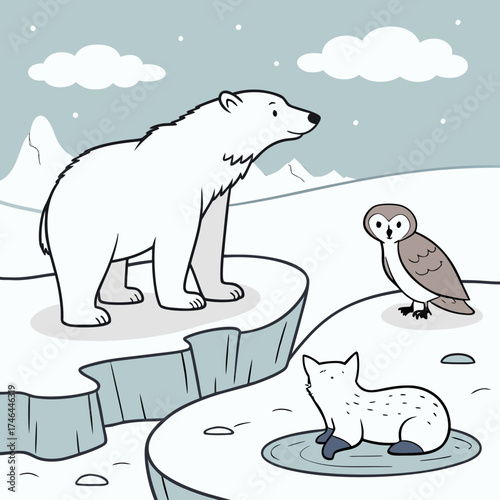 Arctic landscape with polar bear, owl, and arctic fox