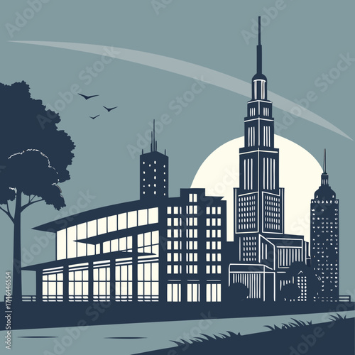 Illustration of a modern city skyline with tall buildings and skyscrapers