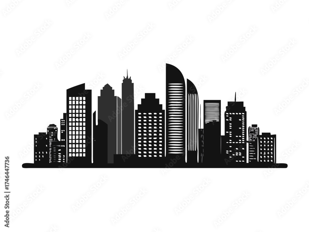 Obraz premium City silhouette land scape. City landscape. Downtown landscape with high skyscrapers. Panorama architecture Goverment buildings illustration. Urban life