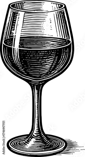 Classic Wine Glass Filled With Red Wine Detailed Engraving Style Black and White