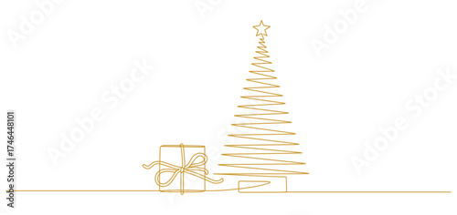 Minimalist one line drawing of a Christmas tree with a star on top and a wrapped gift box beside it. The design uses clean, continuous golden lines to create an elegant and modern holiday illustration