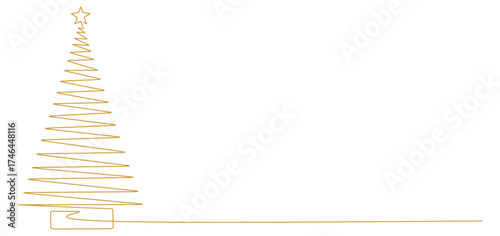 Minimalist one line drawing of a Christmas tree with a star on top, created in golden color. The simple geometric zigzag design represents a stylized pine tree standing on a flat base
