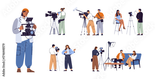 Set of videographers with cameras. Crew of video makers is shooting a movie or TV show. Journalists are making reportages, recording films. Flat isolated vector illustrations on white background