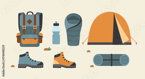 A comprehensive flat design illustration showcasing essential hiking and camping gear, including a backpack, boots, and a tent, ready for an outdoor adventure. It represents preparation and equipment 