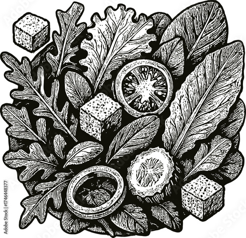 A black and white illustration of a fresh green salad. It features leafy greens like arugula and lettuce, mixed with cubes of cheese and slices of orange. The drawing style is detailed line art.