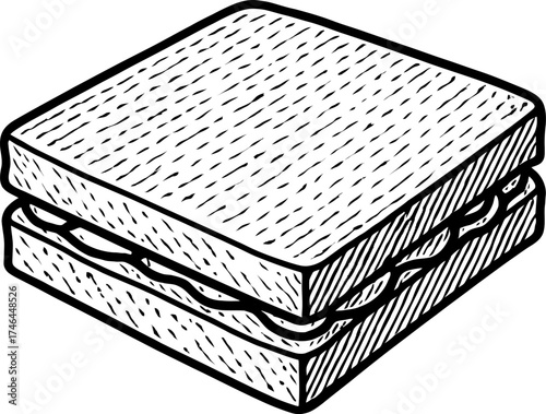 A hand-drawn illustration of a toasted sandwich with visible fillings, presented in an isometric view against a plain white background. The style is reminiscent of a sketch or drawing.