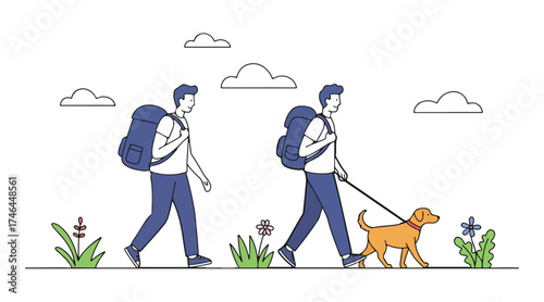 Man hiker with his dog hiking on trail on nature. Male and pet enjoying outdoor summer adventure. Vector illustration