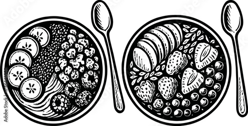 Two illustrative smoothie bowls filled with assorted fruits like bananas and strawberries, topped with seeds and granola. Served with spoons, presented in a clean black and white style.