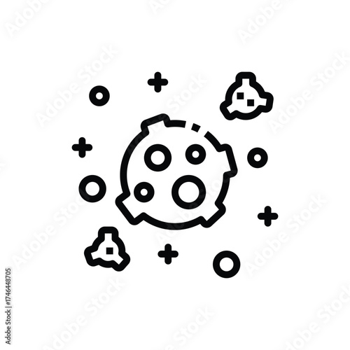 A black and white icon depicts a planetary body with multiple craters and irregularly shaped edges surrounded by smaller spheres and plus signs