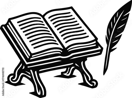 A black and white line art illustration depicting an open book resting on a wooden stand, with a quill pen placed to its right. The image symbolizes knowledge and writing.