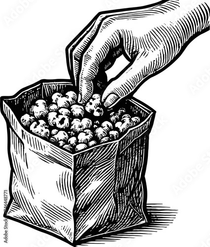 A vintage-style black and white engraving illustration shows a hand reaching into a paper bag filled with snacks. The image uses a grainy texture and emphasizes the act of snacking.