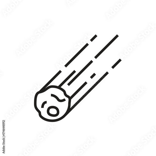 A black and white illustration of a meteoroid streaking across a blank backdrop The main subject is oblong with several linear trails