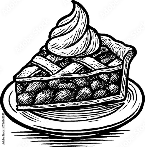 A black and white illustration of a slice of apple pie topped with whipped cream, served on a plate. The drawing features a detailed crust and filling.