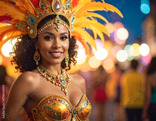 A smiling woman in elaborate, colorful carnival attire, with a feathered headdress, poses for the camera, blurred festive lights in background