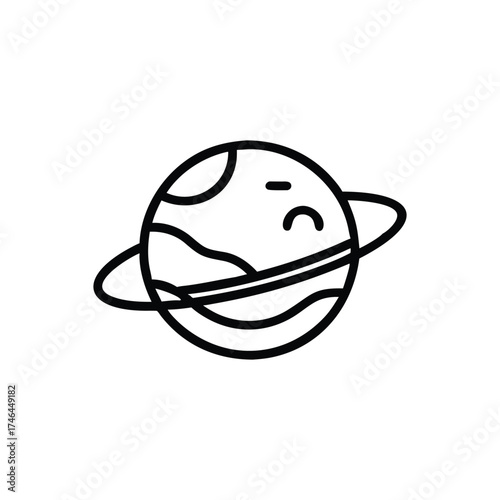 A black and white outline drawing of a planet with a ring system and a face