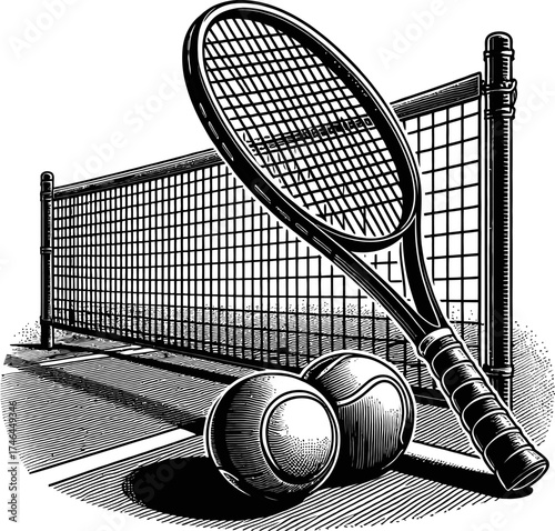 Black and white illustration of tennis equipment on a court. Features a tennis racquet, two balls, and a net with distinct shadows, suggesting a sunny day. Suitable for sports or recreational themes.