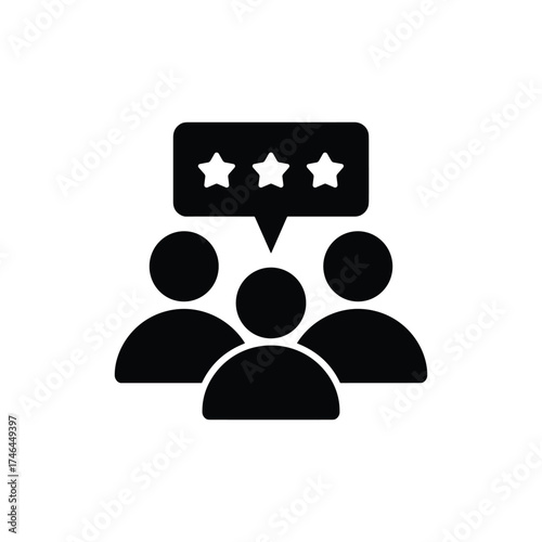 Customer feedback and rating icon, three people with speech bubble and stars, black silhouette on white background
