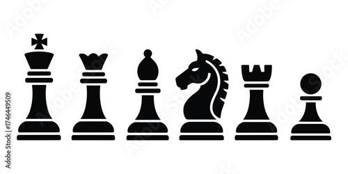 Black chess pieces set silhouette on white background, minimalist vector icons of king queen bishop knight rook and pawn, strategy game design illustration