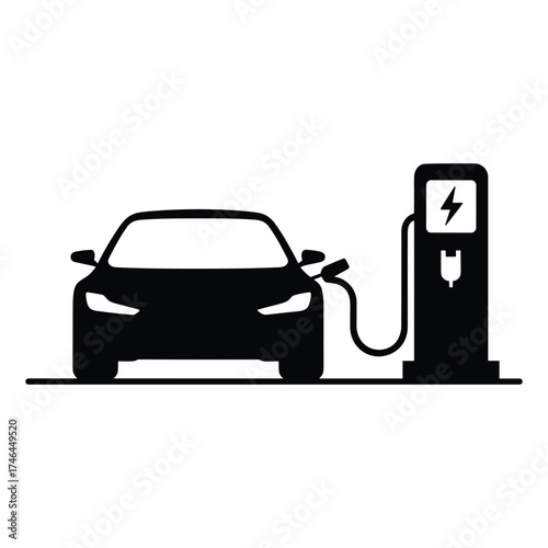 Electric Vehicle Charging Station Silhouette Vector Illustration, Modern Eco Car Plugged into Power Charger Icon