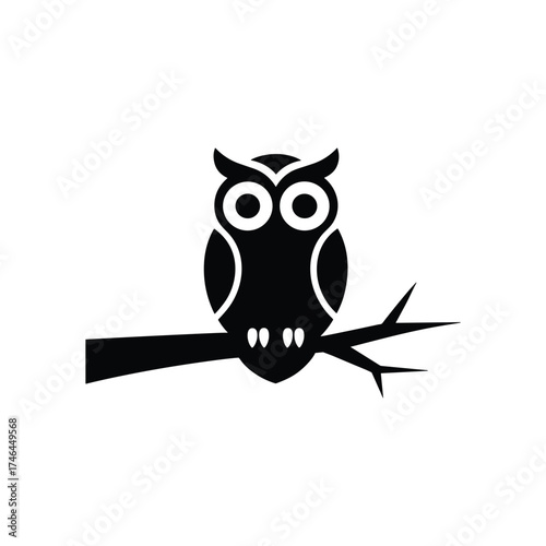 Minimalist owl silhouette sitting on branch isolated on white background, simple black and white vector illustration, nocturnal bird logo design concept