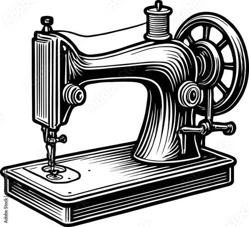 Vintage Sewing Machine With Spool Of Thread On Top Detailed Engraving Style