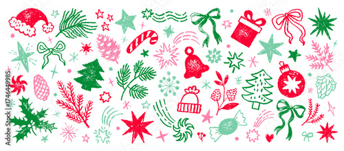 Christmas doodle icons. Xmas sketch crayon holly plant, tree, bow, gift. Doodle vector illustration. Winter and Xmas holiday element. Cute kid hand drawn pattern. Vintage chalk Merry Christmas line bg