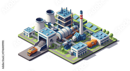 Isometric Waste to Energy Power Plant Vector Trash Dump Truck