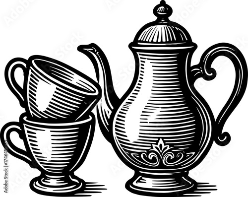 Vintage Teapot and Two Cups Woodcut Style Illustration Black and White