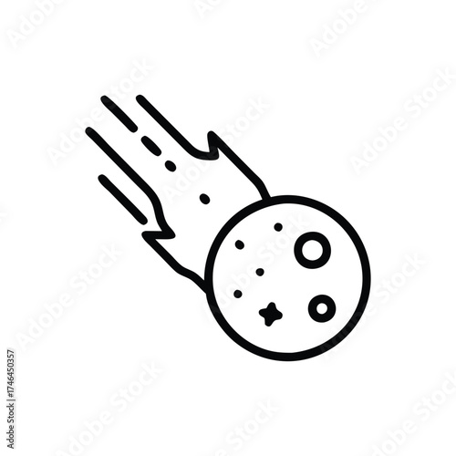 A black line drawing depicts a celestial body trailing lines indicating movement with a circular object with craters and a circular feature within