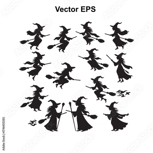 Vector art of collection of witch silhouettes flying on broomsticks