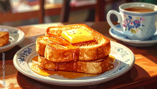A stack of golden French toast drizzled with syrup and topped with butter, next to a floral-decorated teacup