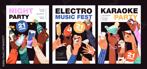 Designs of event posters of party set. Templates with people celebrating, holding alcohol drinks. Hands with glasses of cocktails, wine and champagne, bottles of beer. Flat vector illustrations