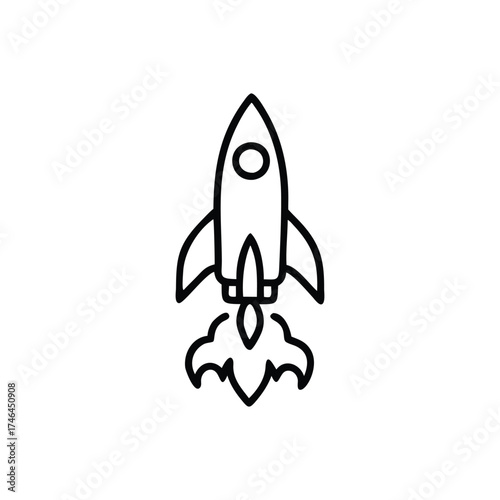 A black line drawing of a rocket ship taking off The rocket has a pointed top a circular window and finlike wings Smoke plumes at the bottom