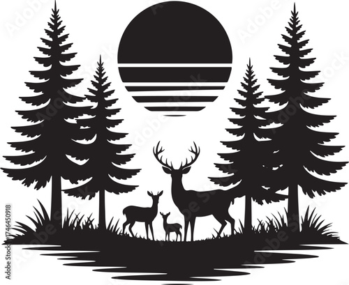 Family of Deer at Sunset in Forest Silhouette Landscape Illustration