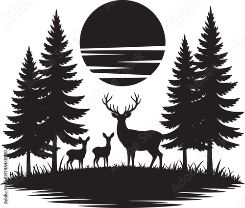 Deer Silhouette Family Forest Wildlife Nature Scene Landscape Design