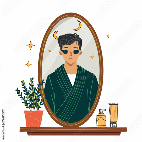 Illustration of a man's nightly skincare routine with eye patches, looking in a mirror with a moon and stars.