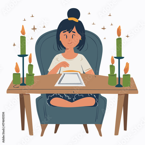 A serene woman with her hair in a bun sits cross-legged at a table, practicing a spiritual ritual with a book and green candles.