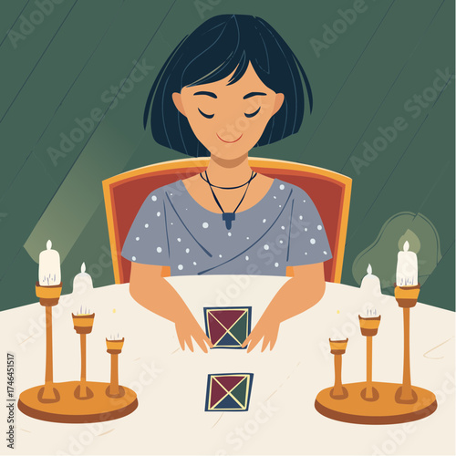 A serene woman with short dark hair performs a tarot card reading by candlelight in a dark, atmospheric room.