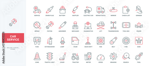 Car maintenance and repair service, mechanic tools, equipment line icons set. Automotive tire and wheel, brake and fan fix, electric car battery thin black and red outline symbols vector illustration
