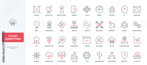 Cloud computing line icons set. Server services for security system and storage documents, digital access protection, network connection thin black and red outline symbols, vector illustration