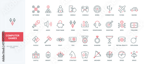 Online games for mobile phone and PC line icons set. Video games and console, professional esport tournament in fight, shooting or car race thin black and red outline symbols vector illustration