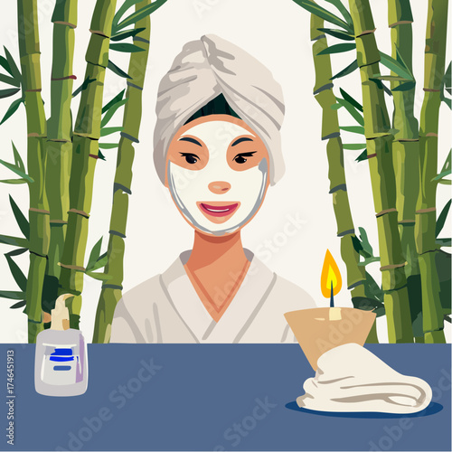 An illustrated woman with a facial mask and towel on her head enjoys a relaxing spa day with a candle and bamboo background.